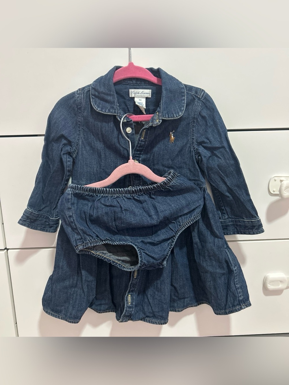 Ralph Lauren Baby Girls Denim Shirtdress Set with Bloomers Blue size 9M 2sets